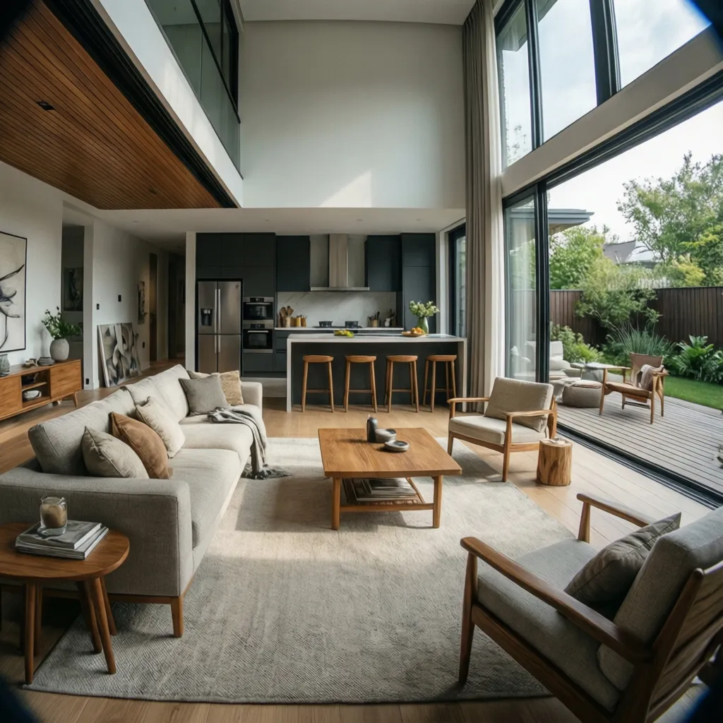 Salón moderno abierto conectado con cocina y terraza