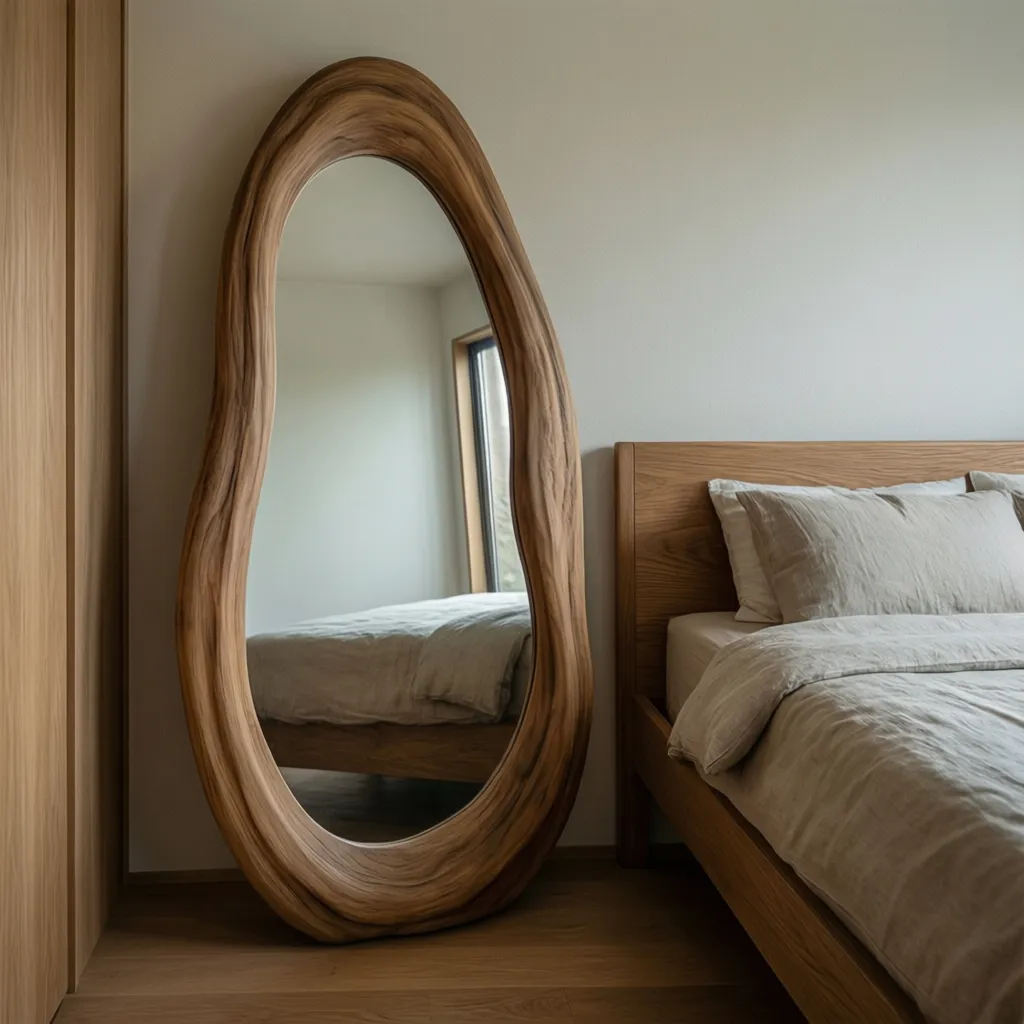 Espejo orgánico con marco de madera en dormitorio moderno
