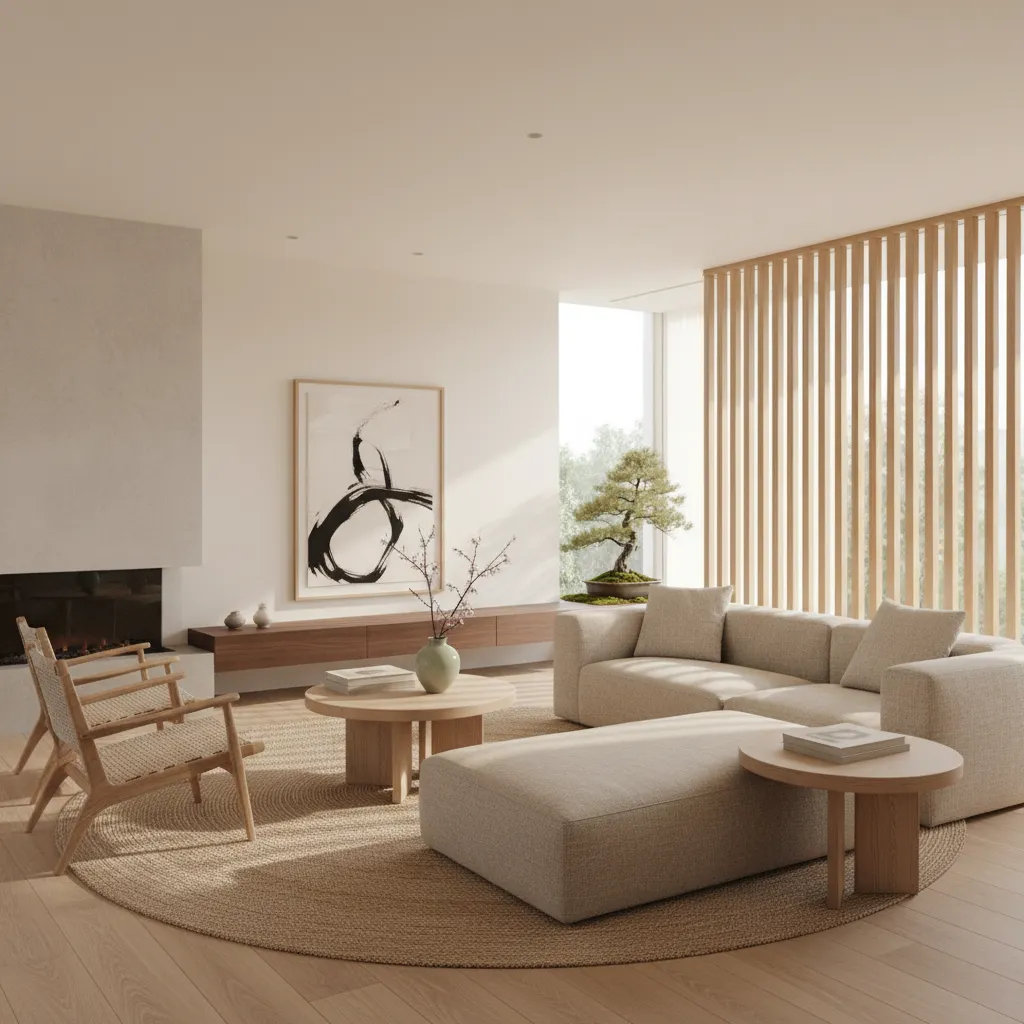 Combinación de estilo japandi y minimalismo cálido en sala moderna