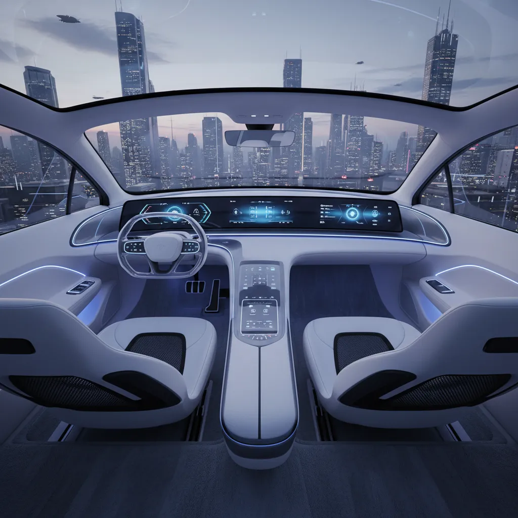 Futuristic car interior with white seats large screen showing data and a city skyline view