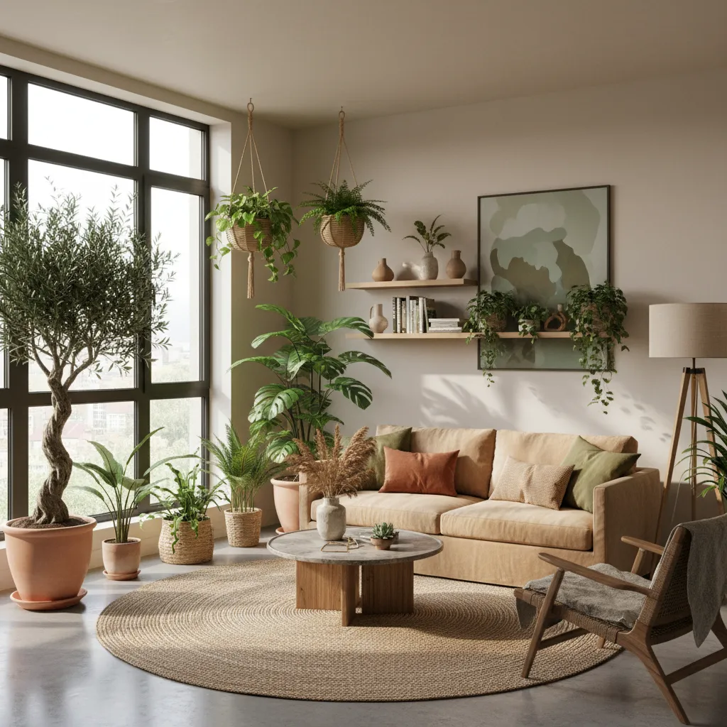 Interior con plantas y diseño biofílico