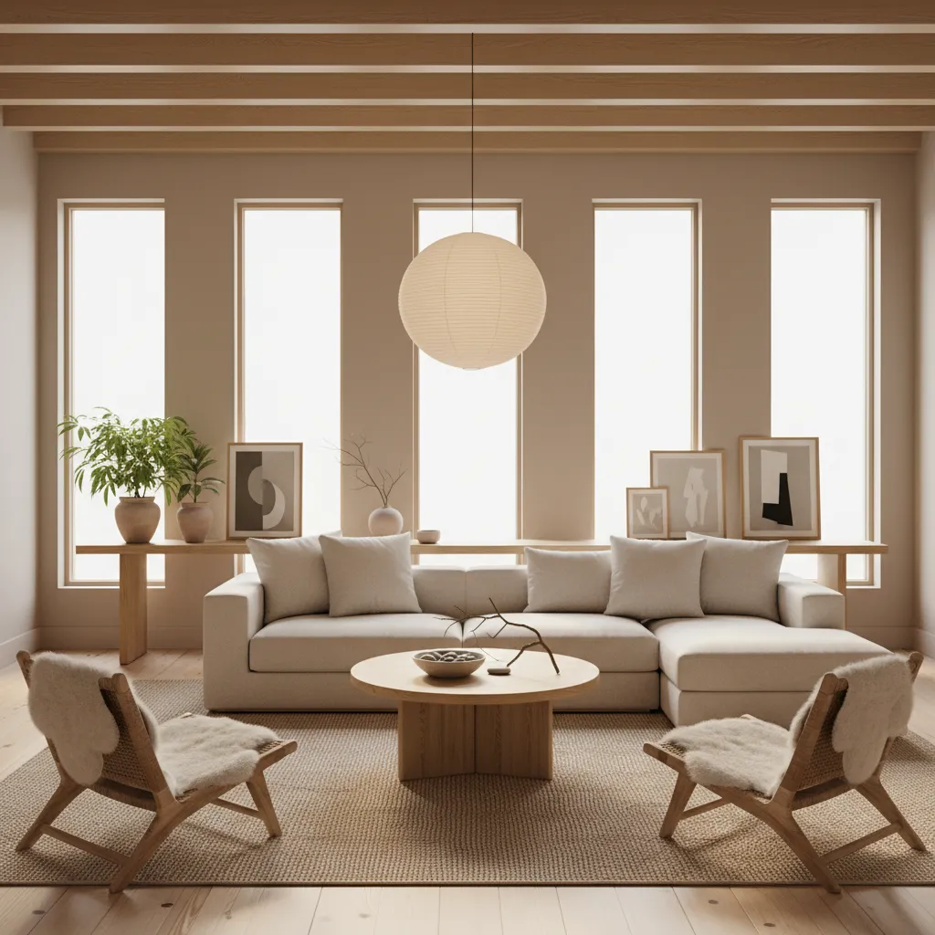 Minimalist living room with cream sofa wooden coffee table round ceiling light and tall windows