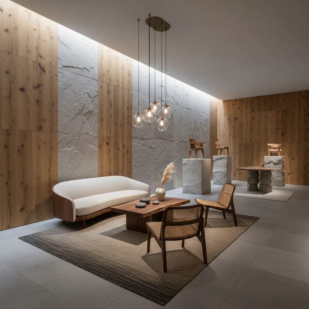 Espacio de interiorismo moderno mostrando tendencias de materiales y colores