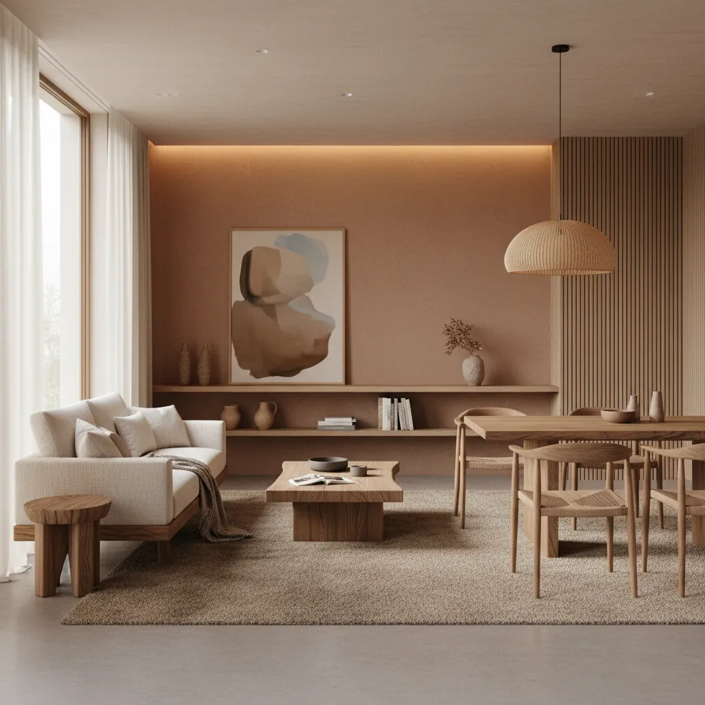 Minimalist warm living and dining area with wooden table, white sofa, and woven ceiling light