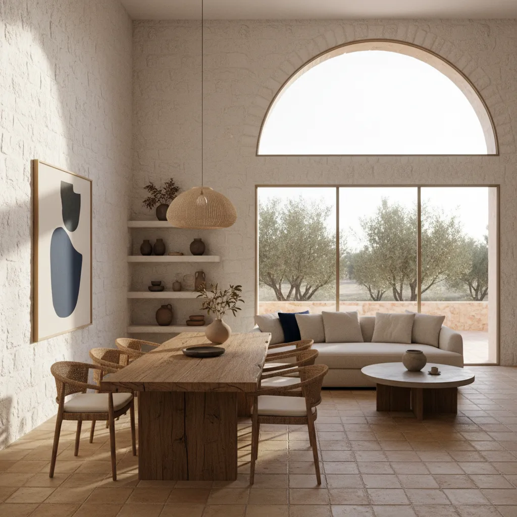 Interior contemporáneo con estilo mediterráneo y materiales naturales