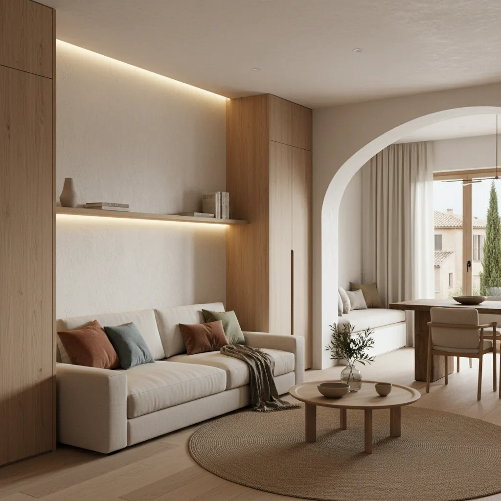 Interior moderno con madera y tonos neutros