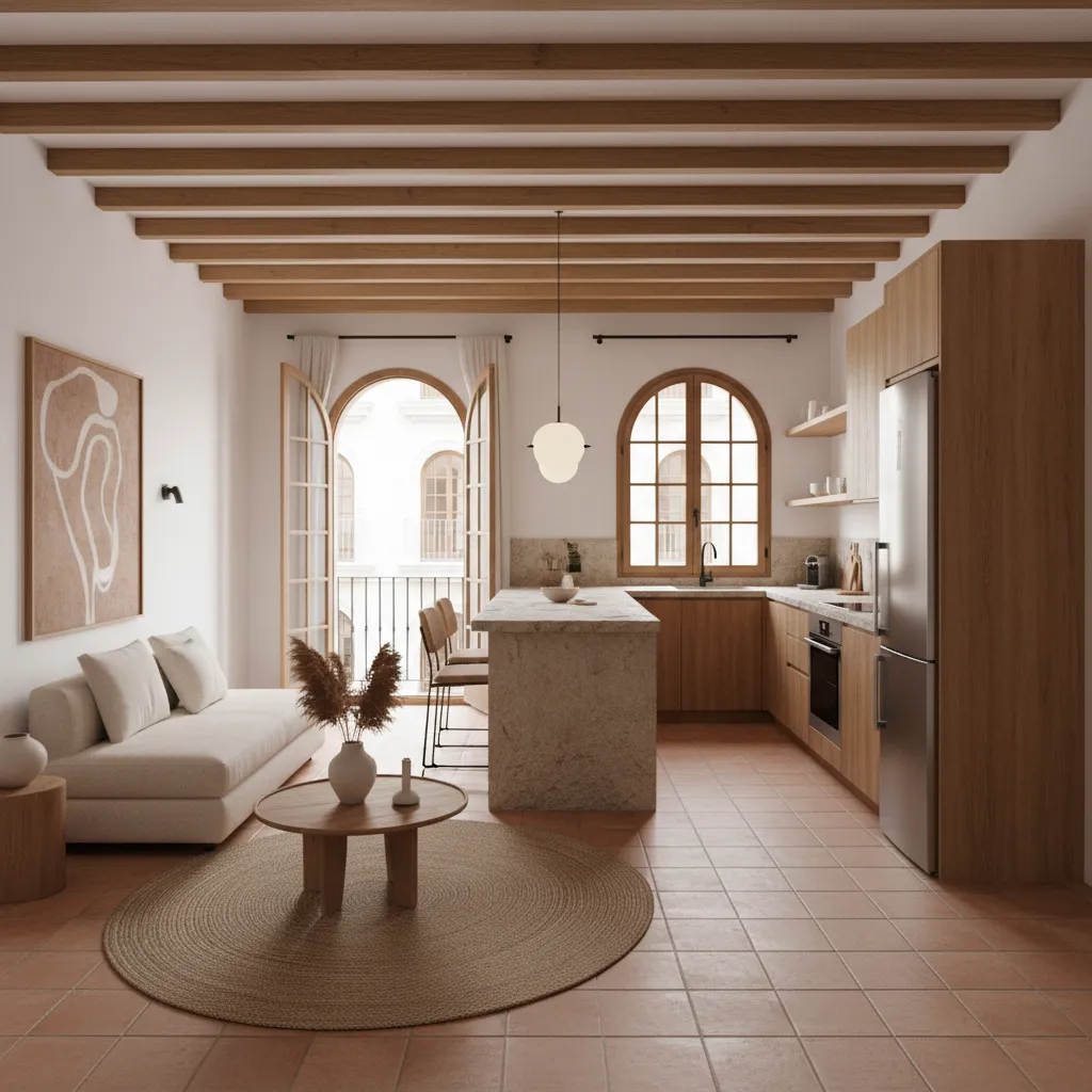 interior moderno con madera natural y cocina abierta al salón