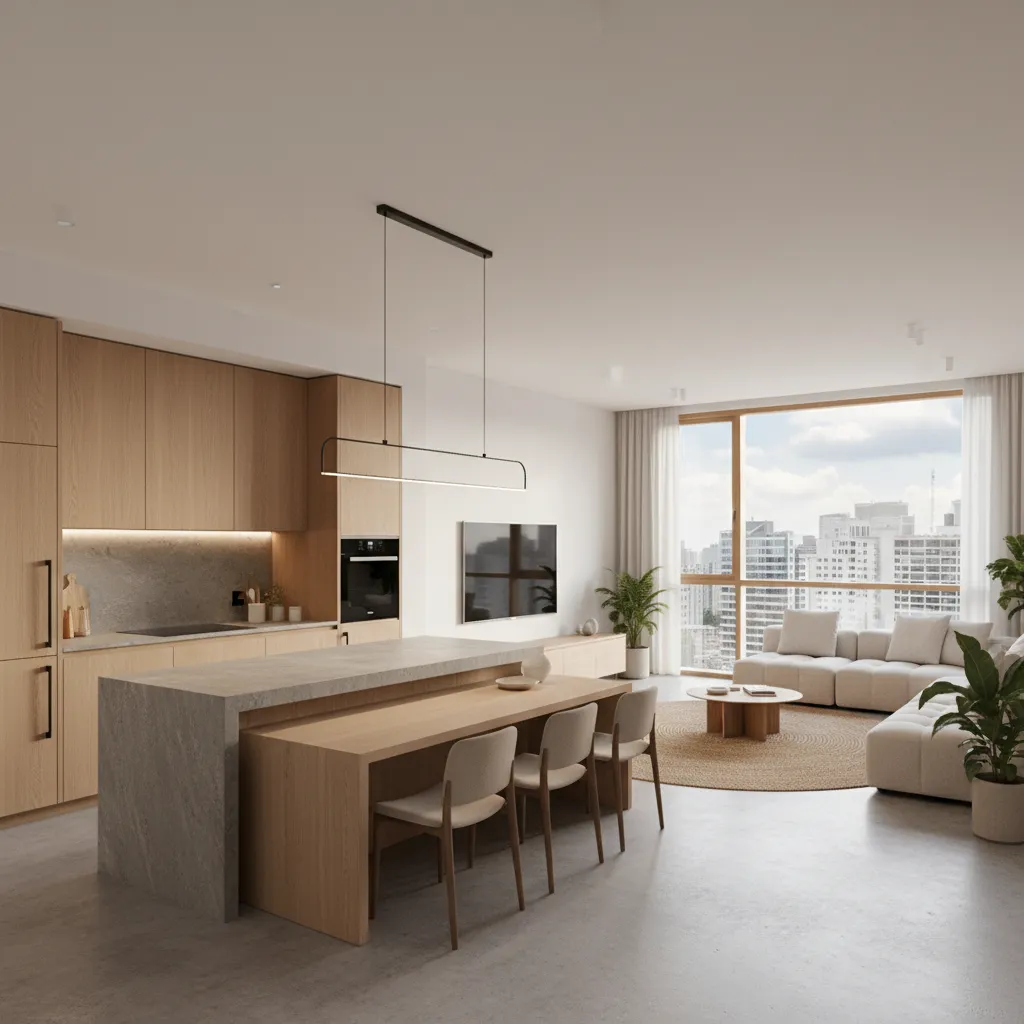 Cocina abierta integrada con sala en un apartamento moderno