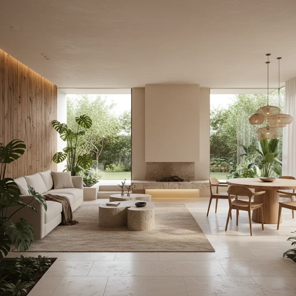 Espacio residencial contemporáneo con materiales naturales