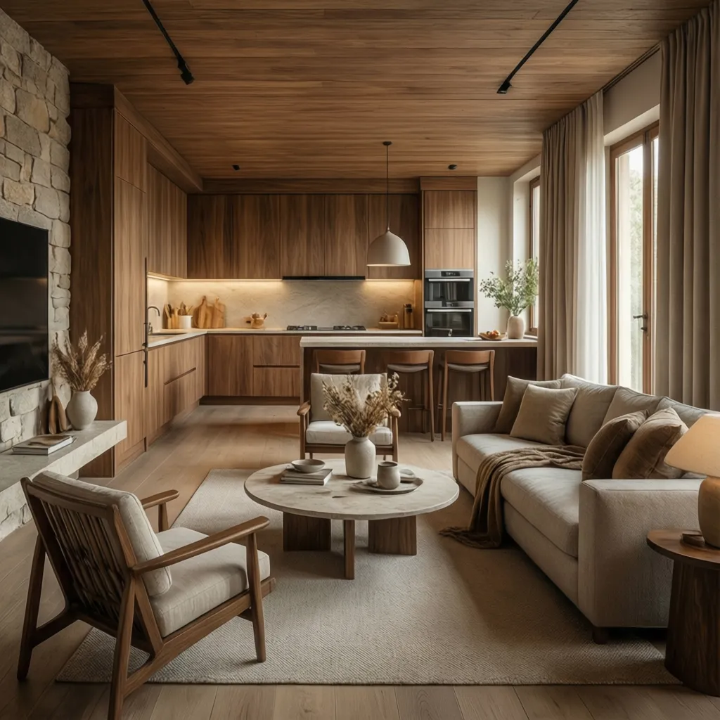 salón y cocina abierta con estilo contemporáneo cálido