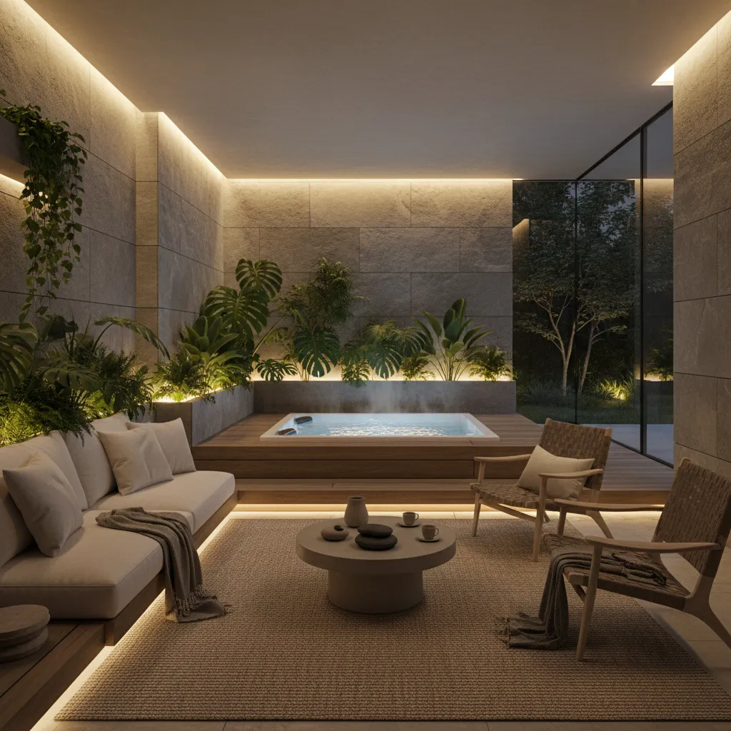 Jacuzzi moderno con iluminación ambiental y vegetación decorativa
