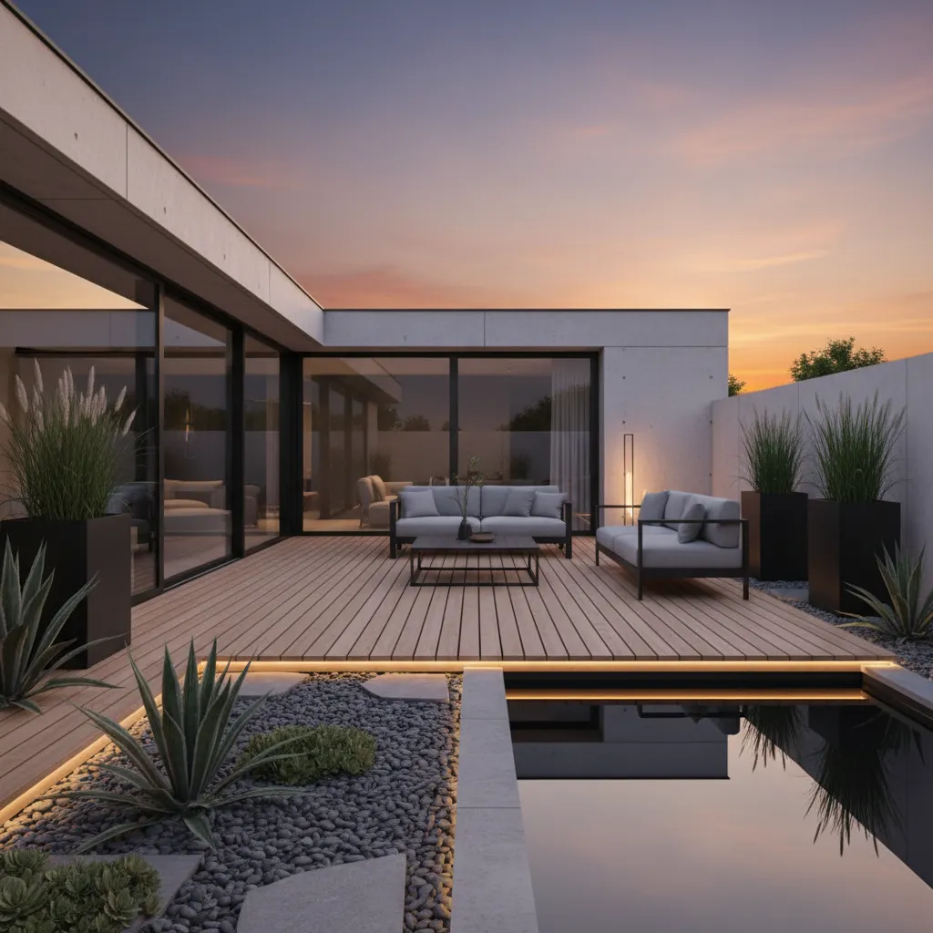 Jardín moderno con terraza de madera y vegetación de bajo mantenimiento