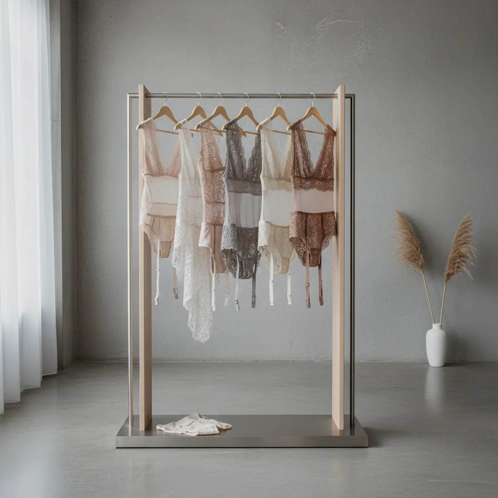 Colección moderna de lencería de encaje en tonos neutros