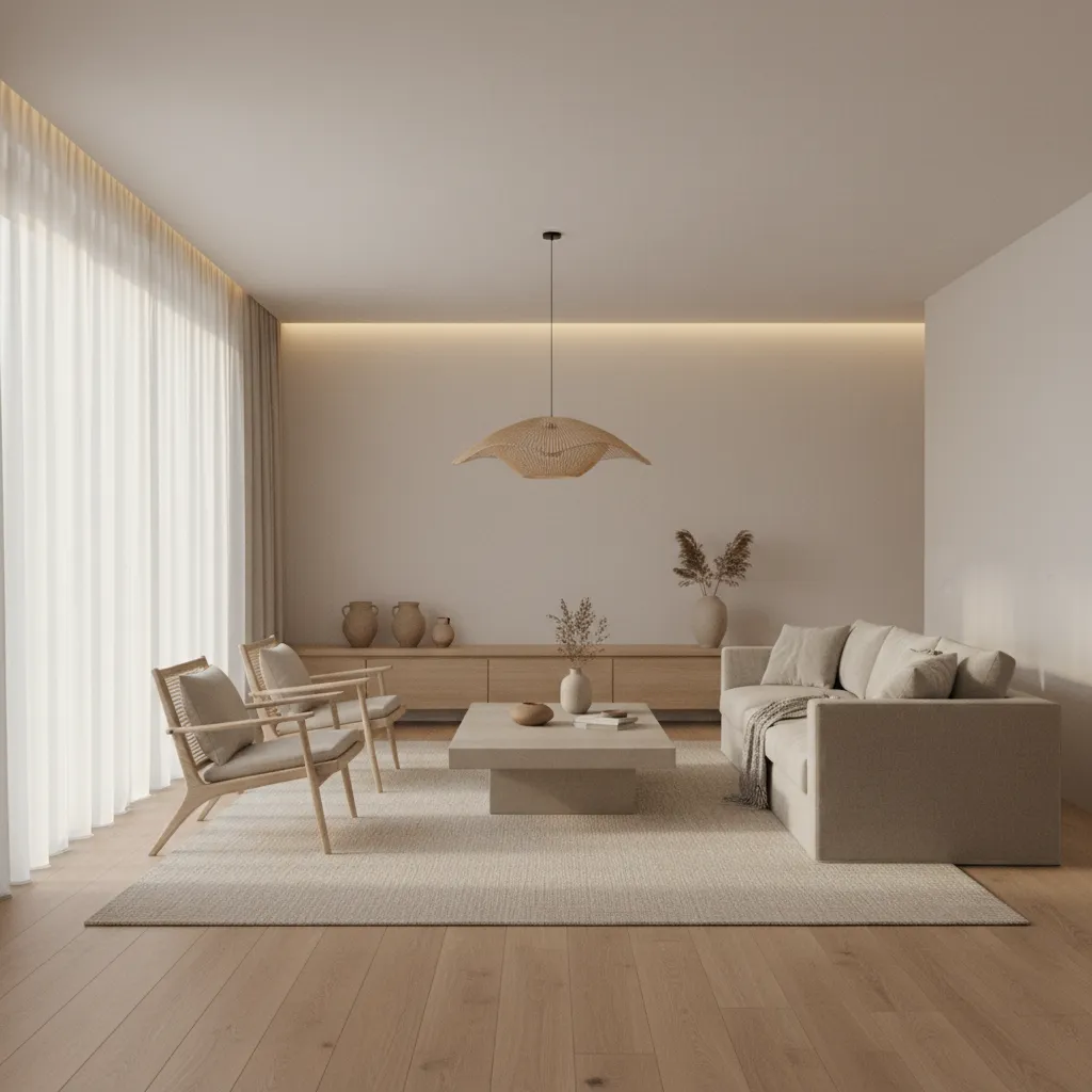 Interior moderno con materiales naturales y acabados mate