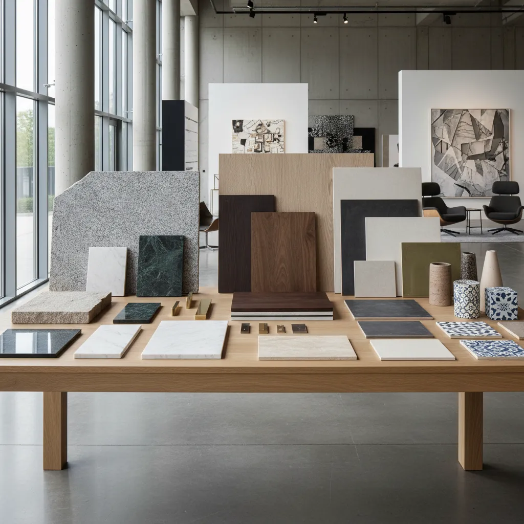 Muestras de materiales de interiorismo como madera, piedra y cerámica