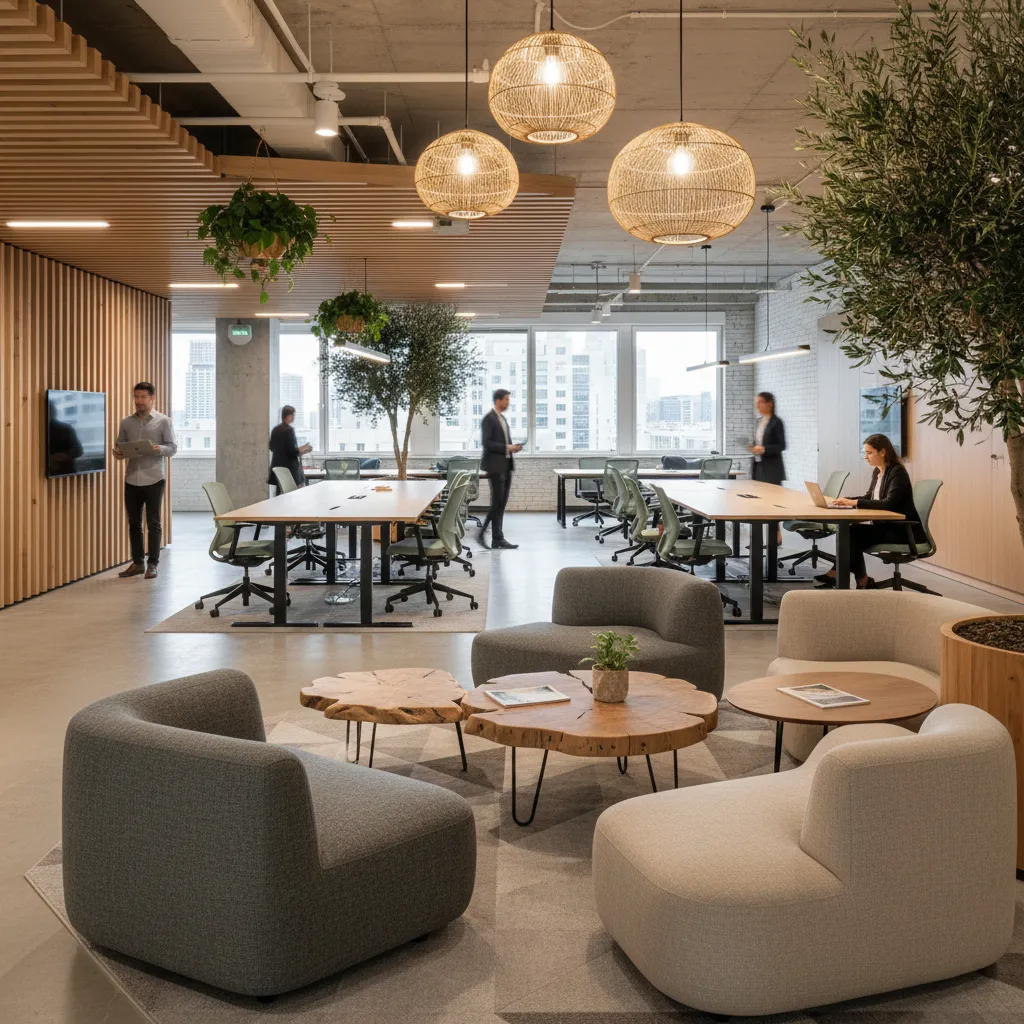 Oficina moderna con zonas lounge y espacios colaborativos