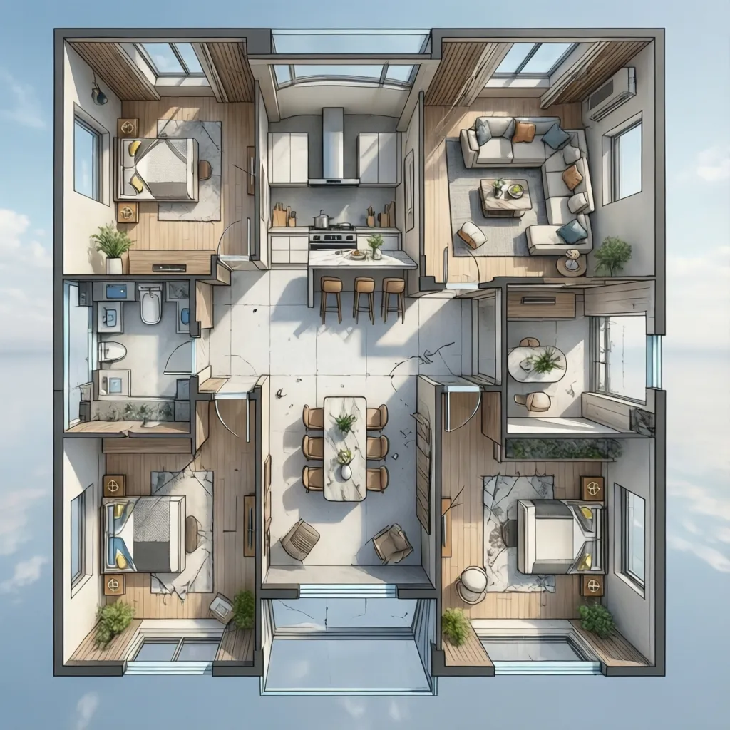 Plano de casa moderno con cocina abierta y sala conectada