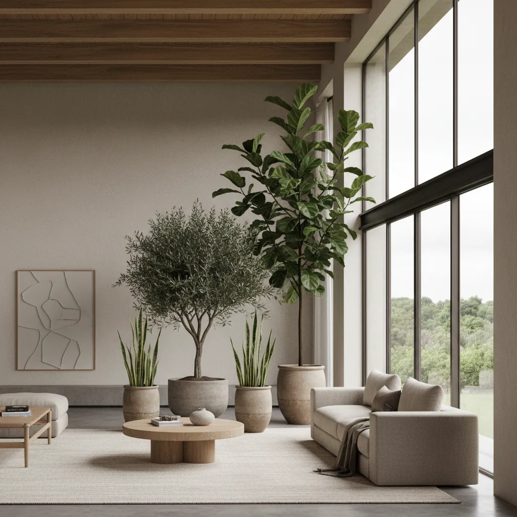 Interior moderno con plantas grandes y decoración minimalista