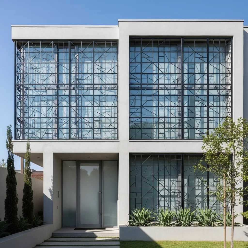 Modern white house with large windows featuring decorative black geometric metal grids and glass door