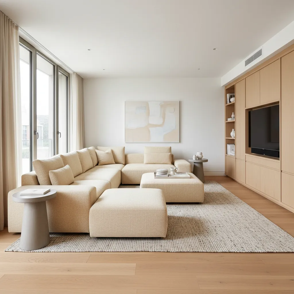 Salón contemporáneo con muebles modulares y colores neutros
