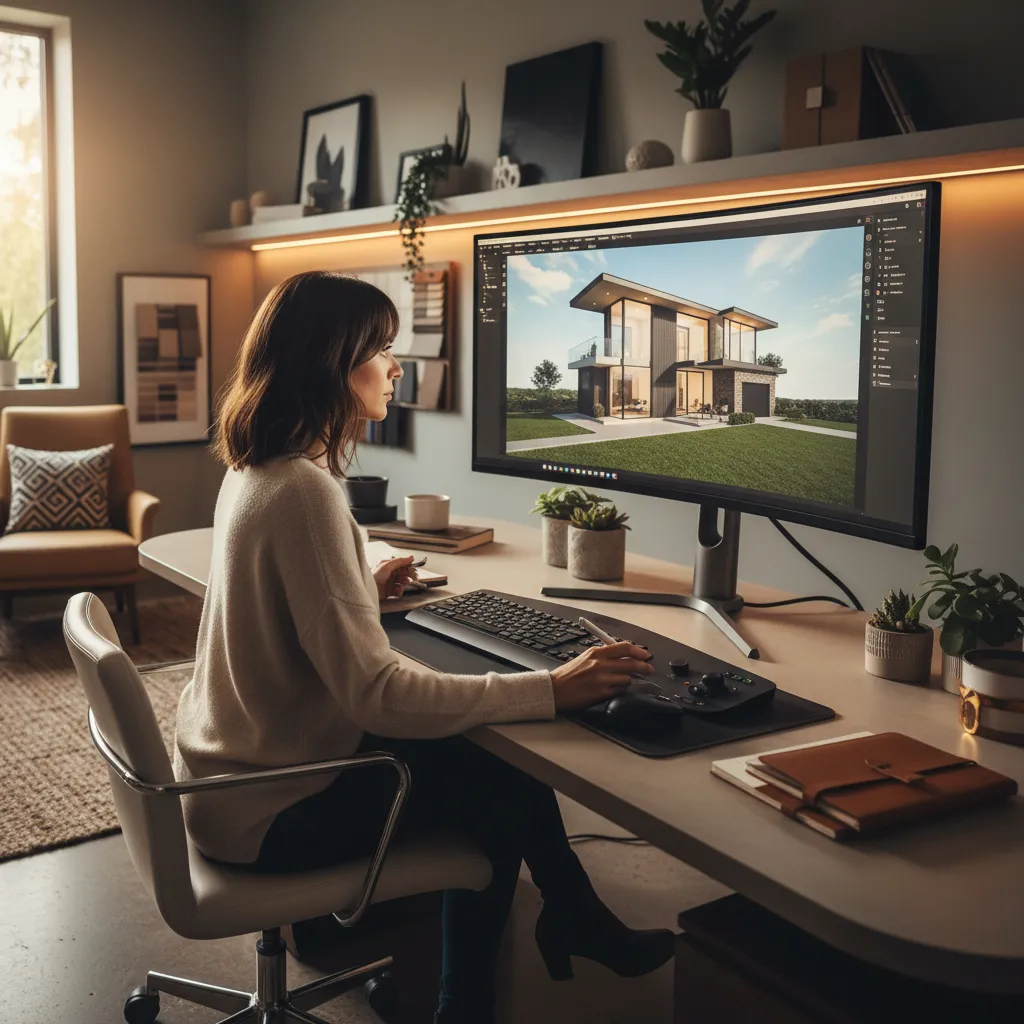 Diseñador utilizando software moderno de diseño de interiores en computadora