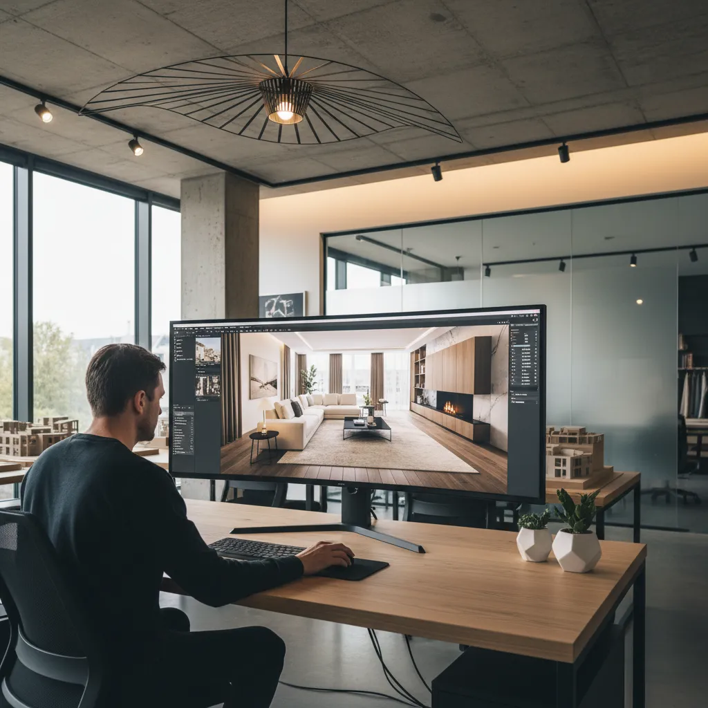 Designer sitting at wooden desk using large monitor to work on modern living room design