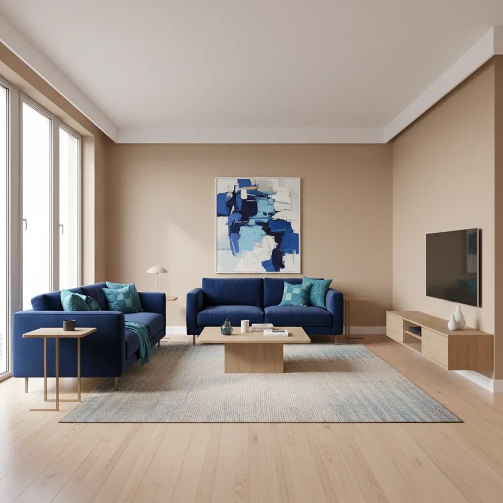 Modern living room featuring blue sofas beige walls wooden flooring large painting and flat TV