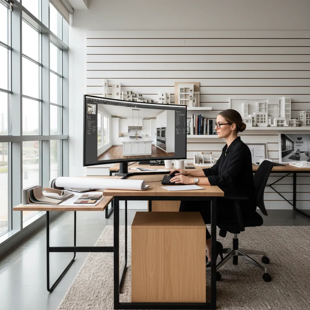 Woman working at desk with large monitor showing a 3D interior design drawing of kitchen