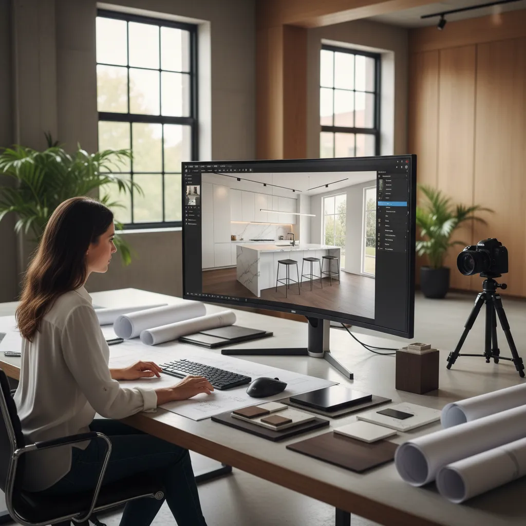 Professional designer working on a modern kitchen interior design drawing on a large computer screen