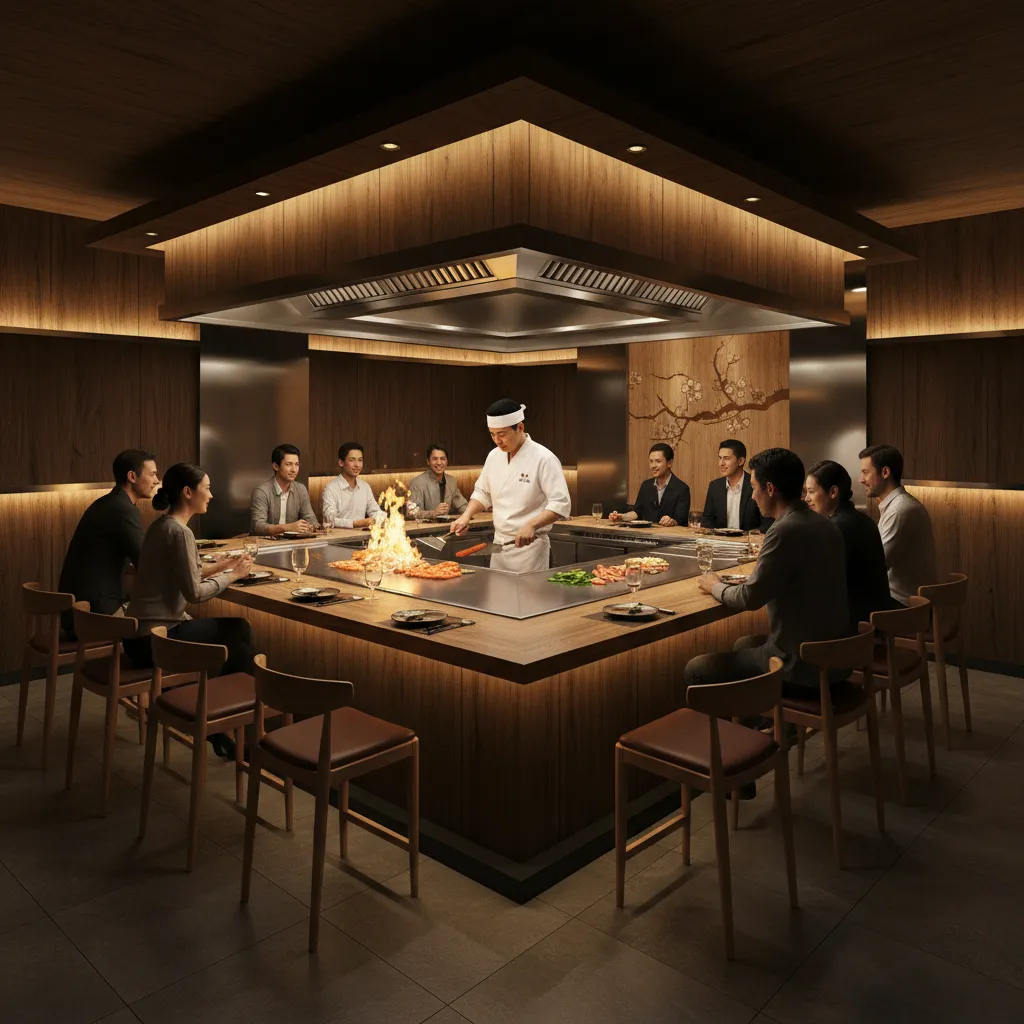 Japanese teppanyaki restaurant with hibachi grill island and chefs cooking in front of guests