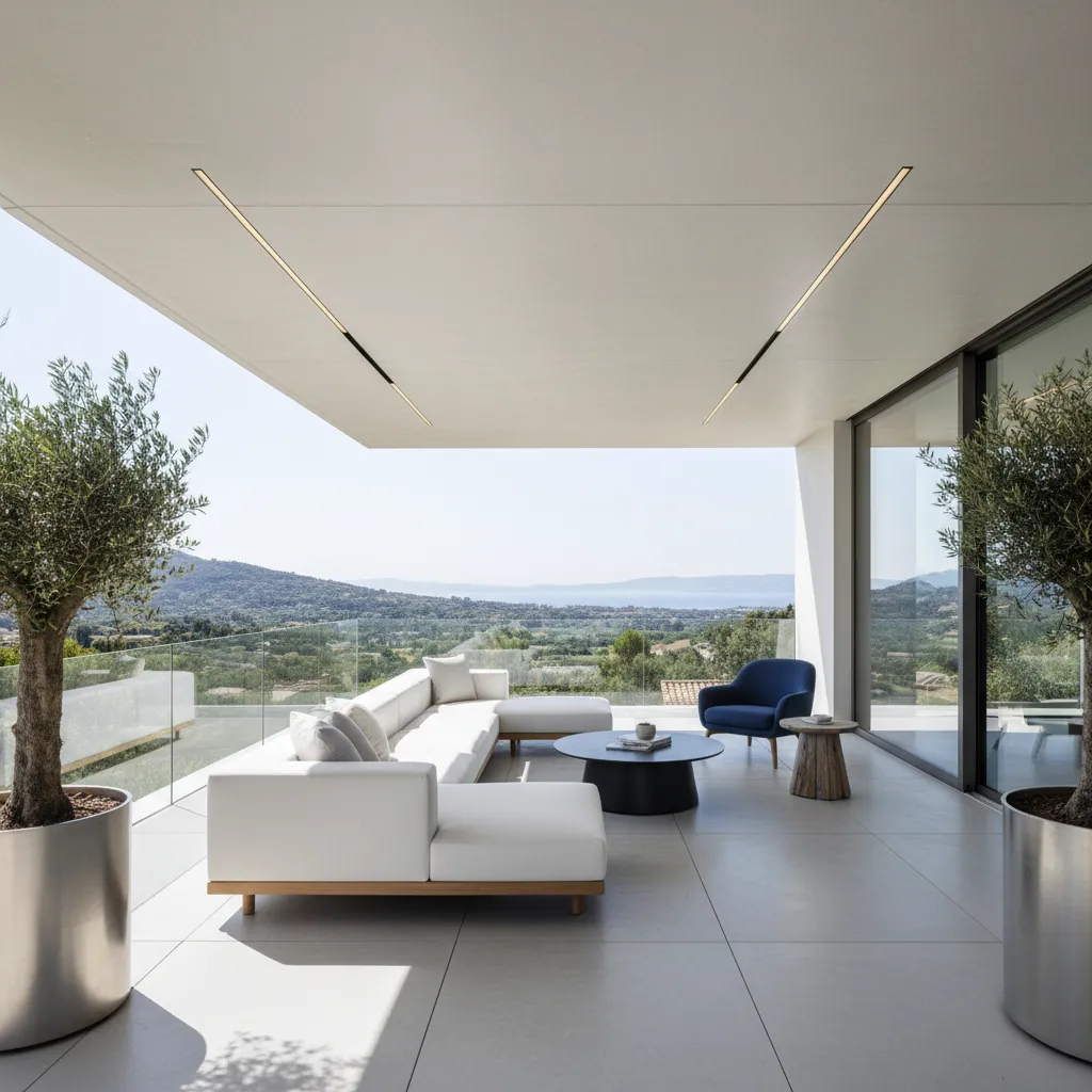 Teras balkon lantai dua dengan railing kaca modern