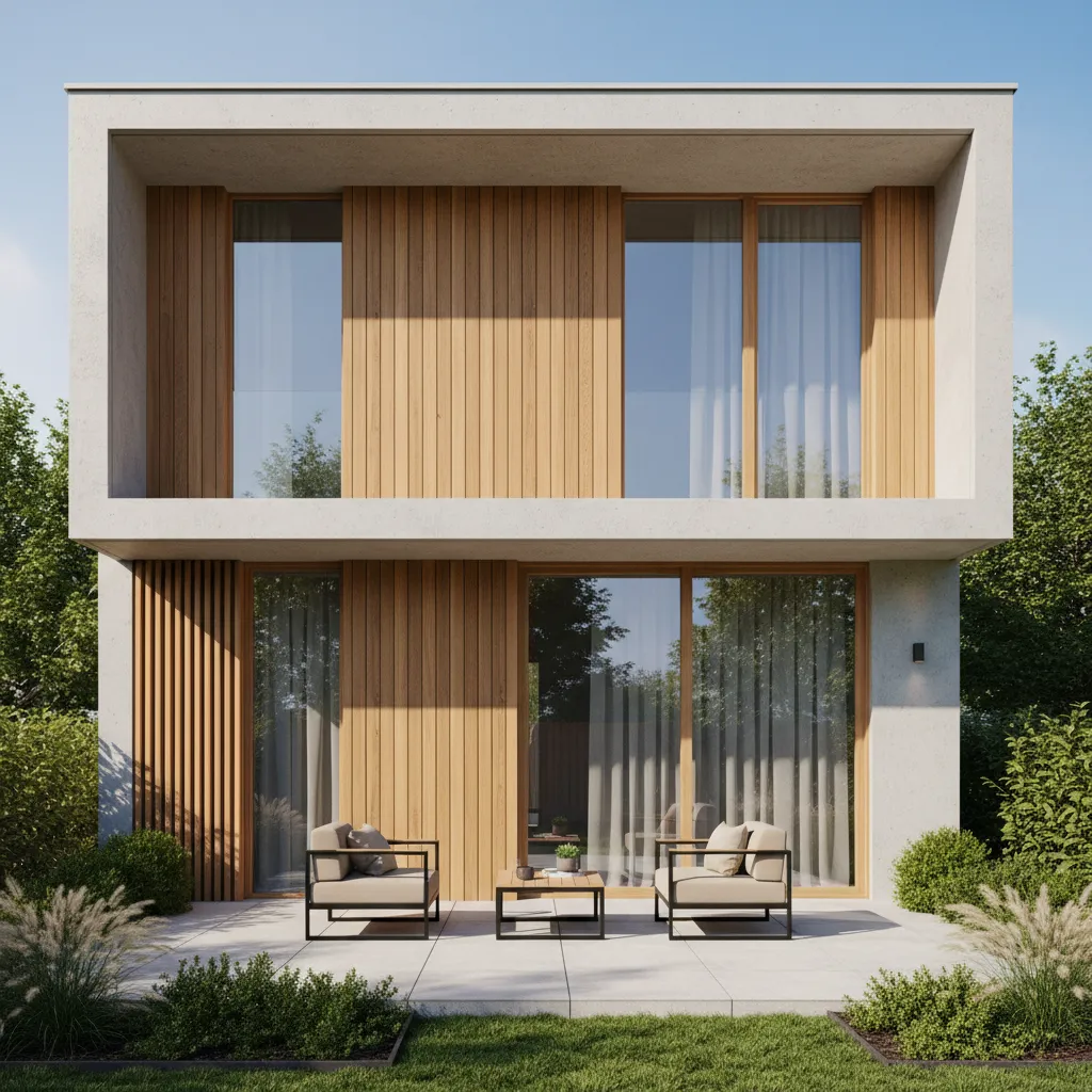 Modern two story house with wooden wall panels glass doors outdoor chairs and small table