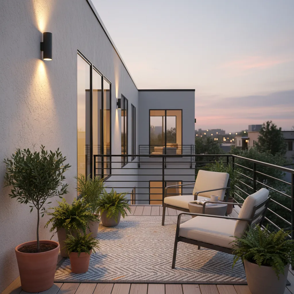 Teras lantai dua dengan tanaman dan pencahayaan hangat