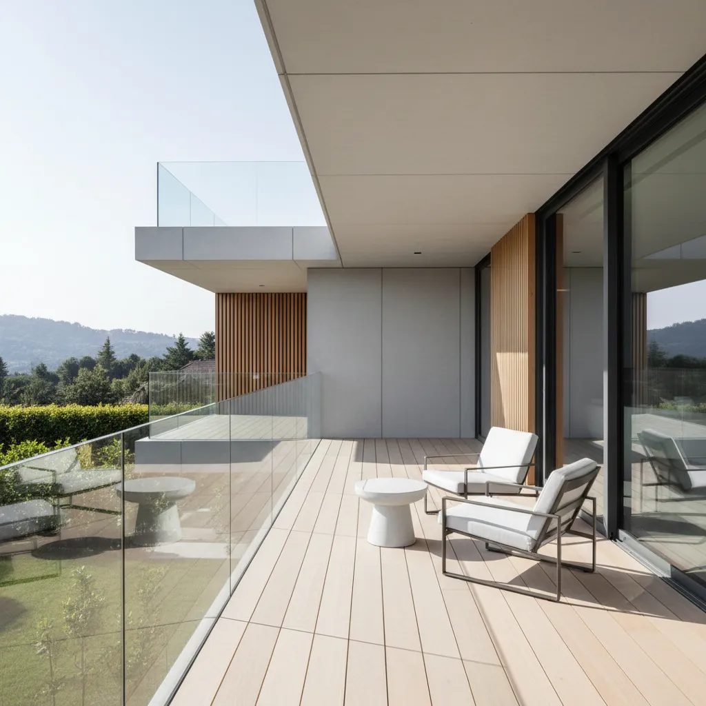 Teras lantai dua minimalis dengan kursi santai dan meja kecil