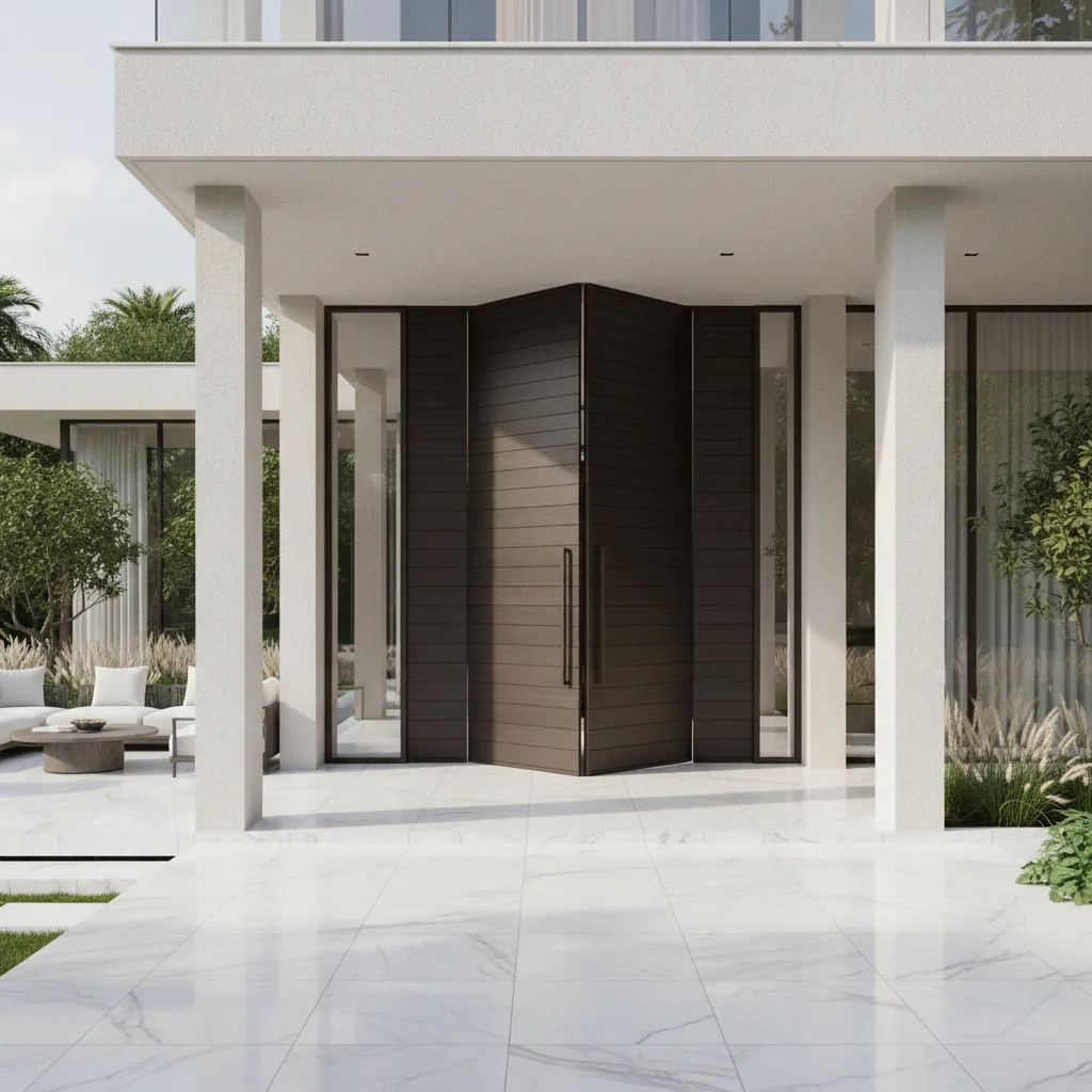 Teras rumah modern dengan lantai marmer dan kolom minimalis
