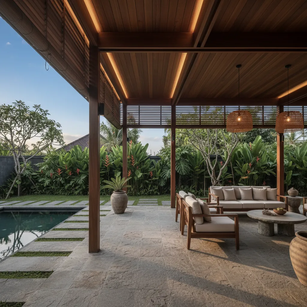 Teras rumah Bali modern dengan suasana tropis
