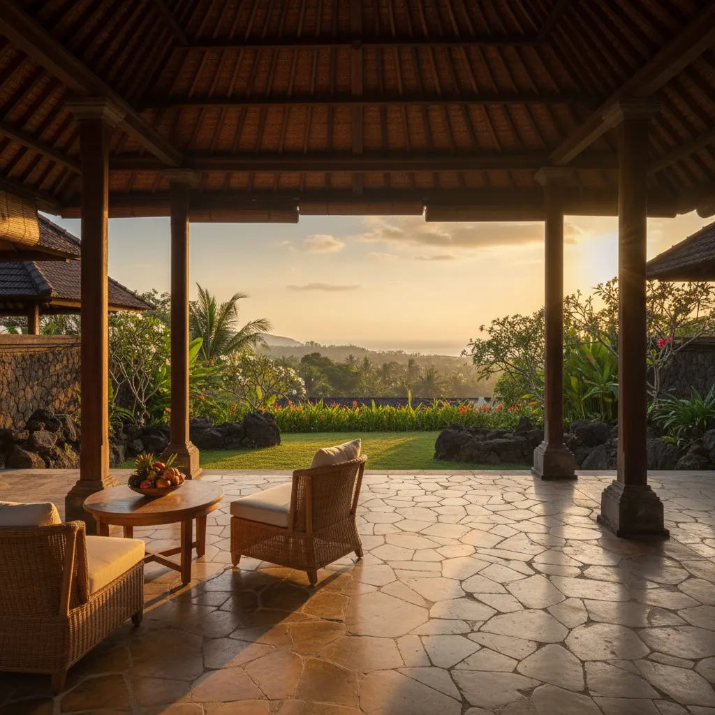 Teras rumah Bali terbuka dengan pemandangan taman