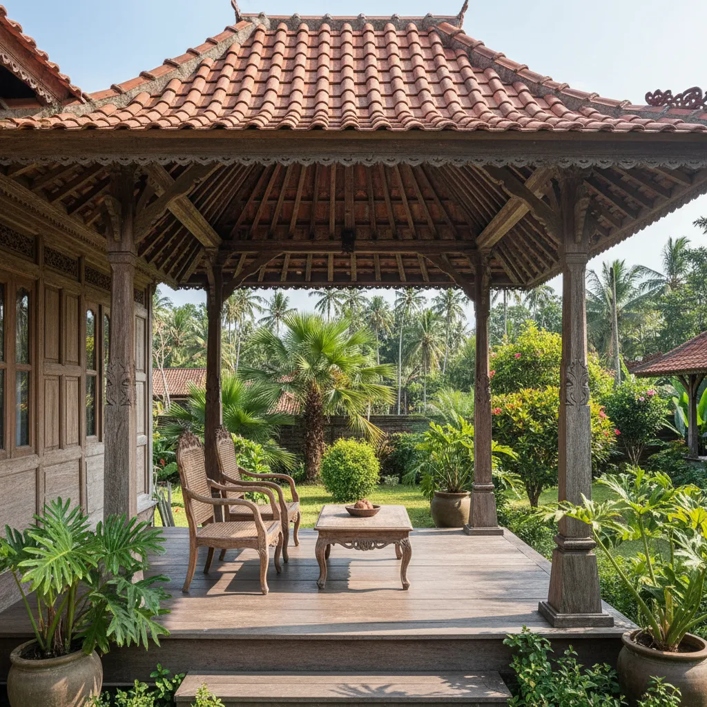 Teras rumah lama dengan pilar dan kursi kayu