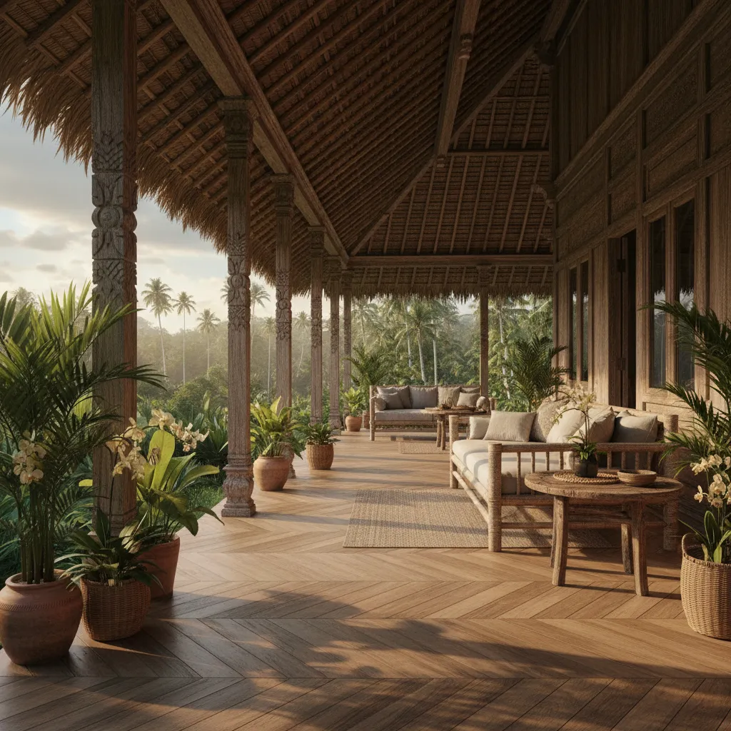Teras rumah nusantara luas dengan kursi kayu
