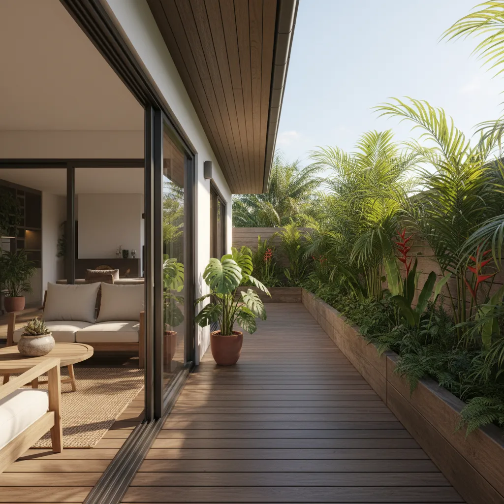 Teras samping rumah dengan taman kecil
