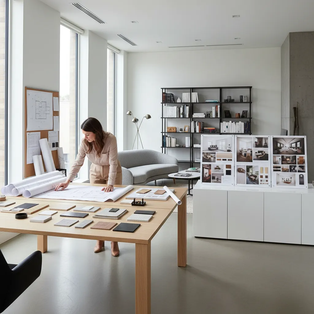 Female interior designer reviewing room layout plans on wooden table with material samples and boards