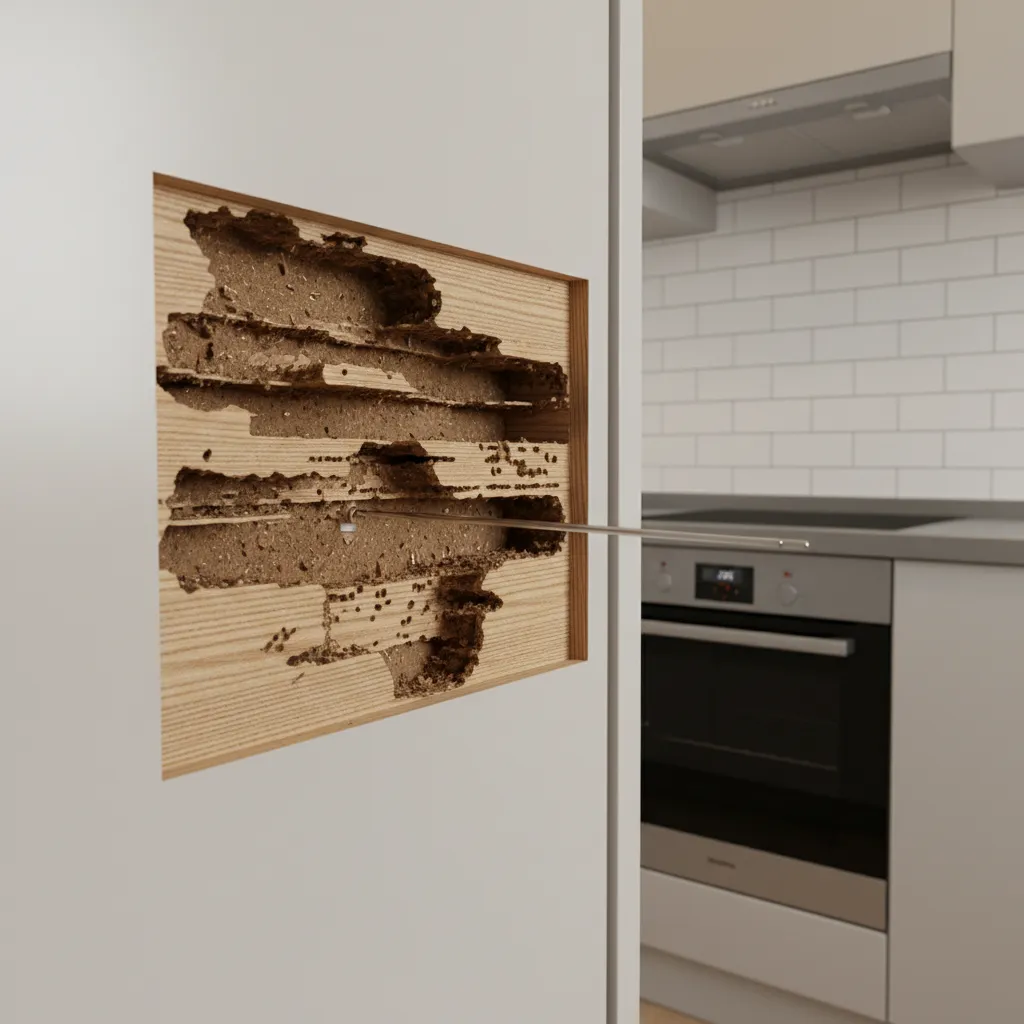 Kitchen cabinet plywood showing termite tunnels and damage