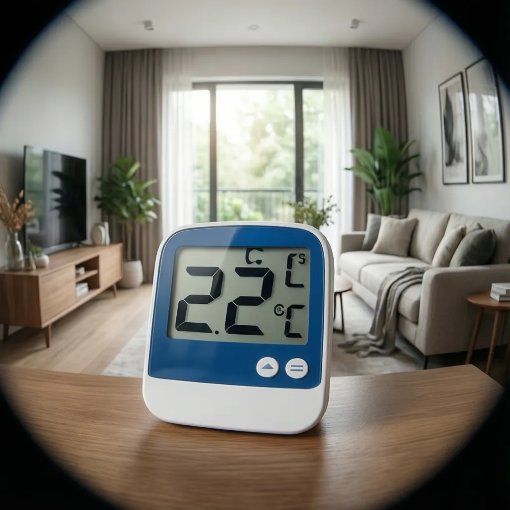 Termómetro interior mostrando temperatura confortable en una vivienda