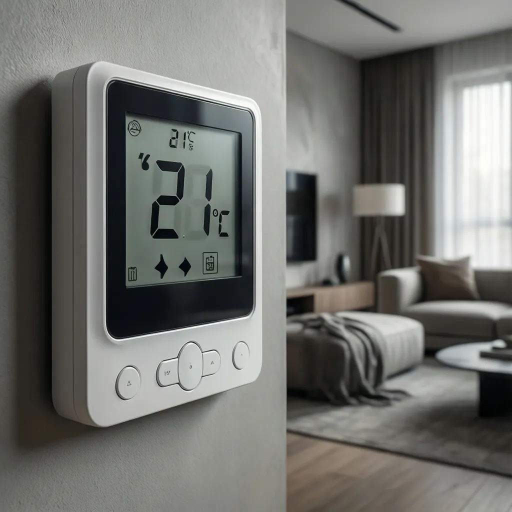 Termostato doméstico marcando 21 grados en invierno