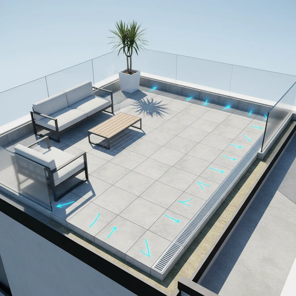 Terrace floor slope directing rainwater to drainage outlet