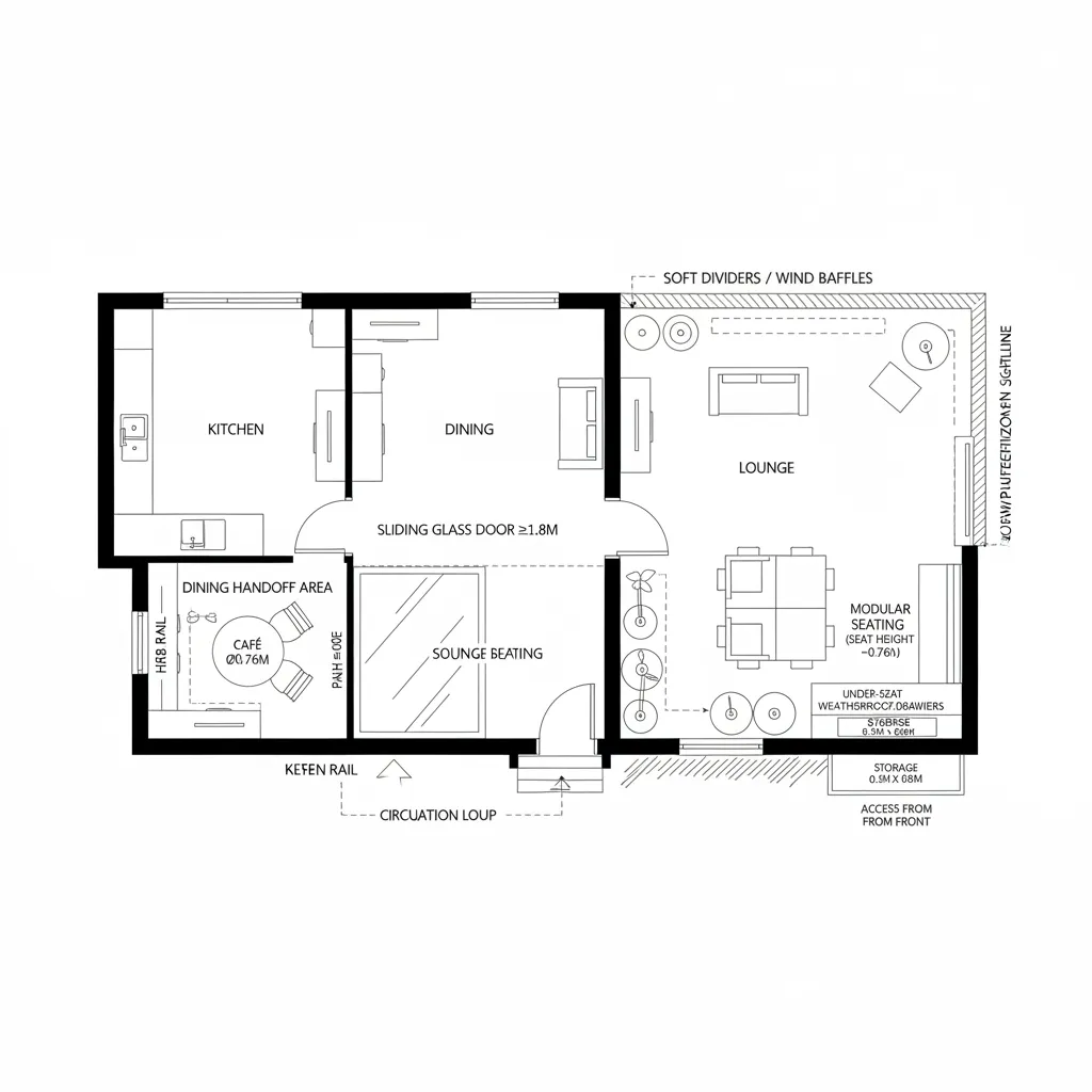 Floor plan showing a kitchen dining area lounge modular seating and a sliding glass door