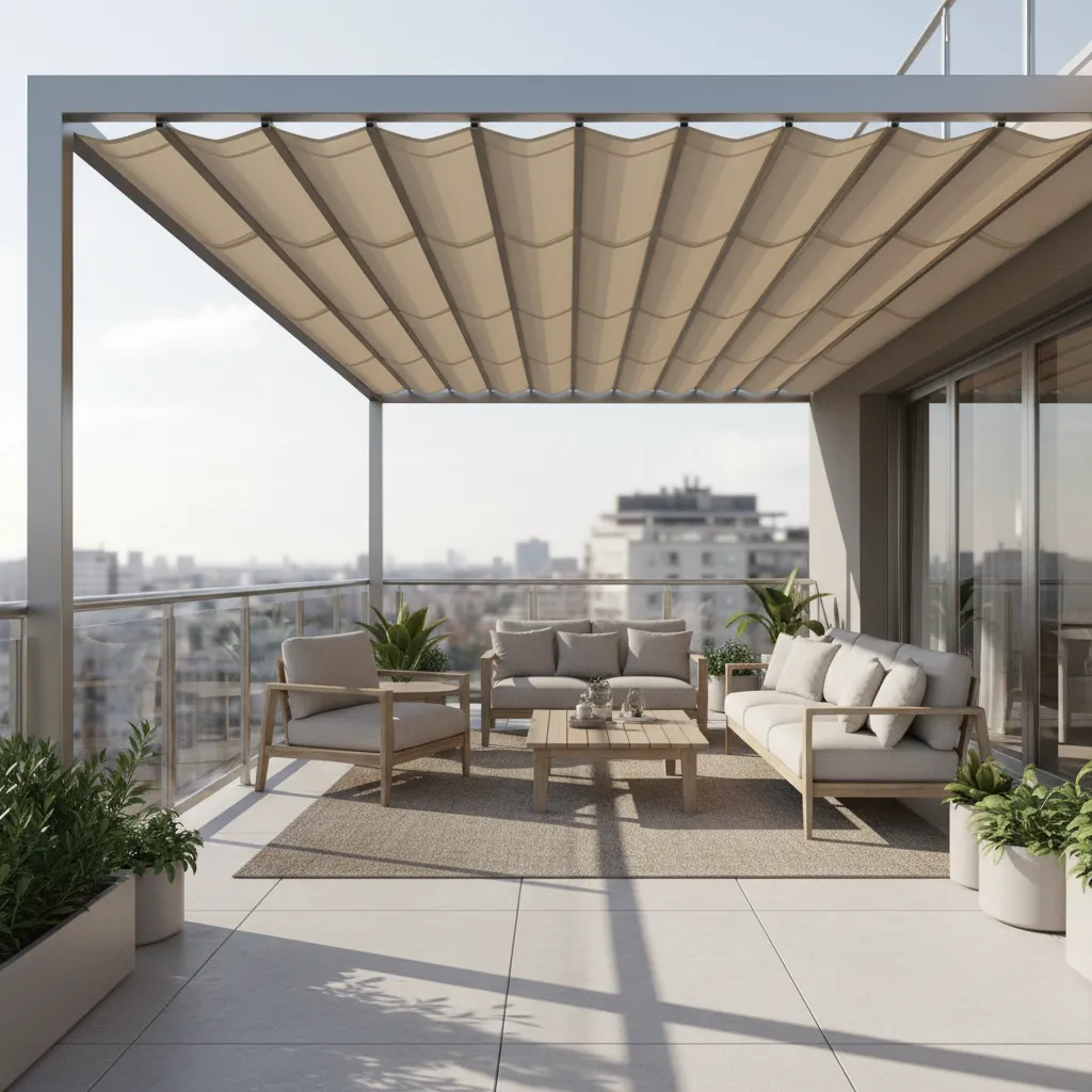 Urban terrace balcony with retractable fabric canopy providing shade