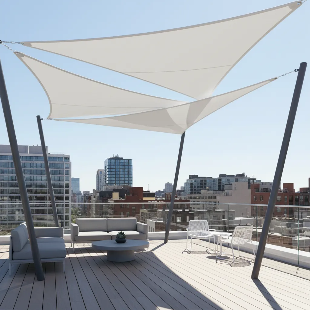 Modern terrace using triangular shade sail canopy system