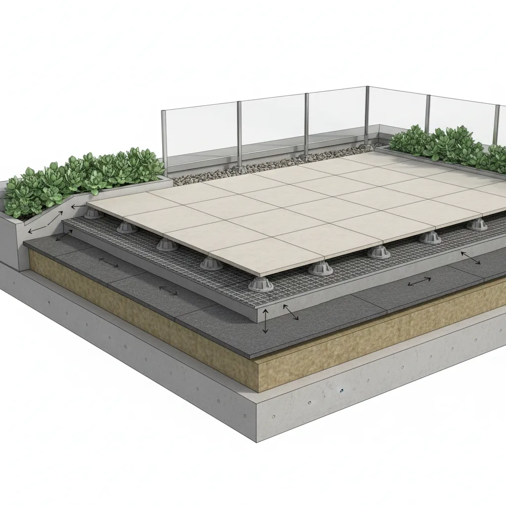 Architectural terrace structure showing drainage slope and waterproof layers