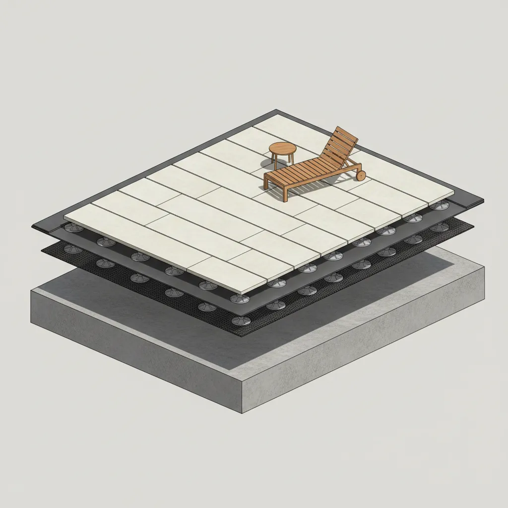Layered terrace waterproofing system diagram showing deck, membrane and pavers